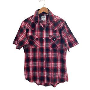 Ely Cattleman Mens Size M Black Red Woven Plaid Western Shirt Pearl Snap Buttons